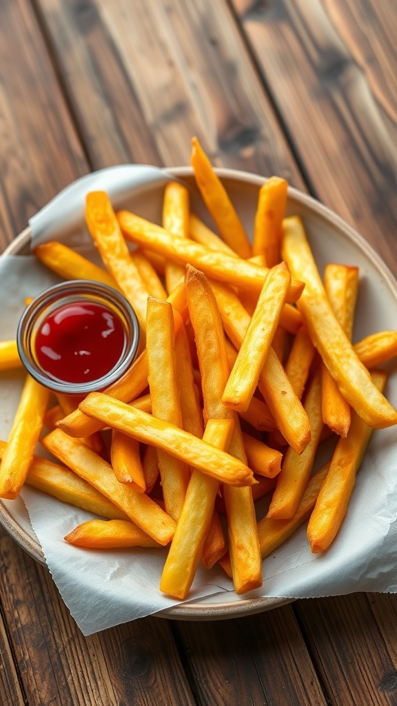 Air Fryer French Fries Cooking Guide Crispy air fryer French fries on a plate with ketchup.